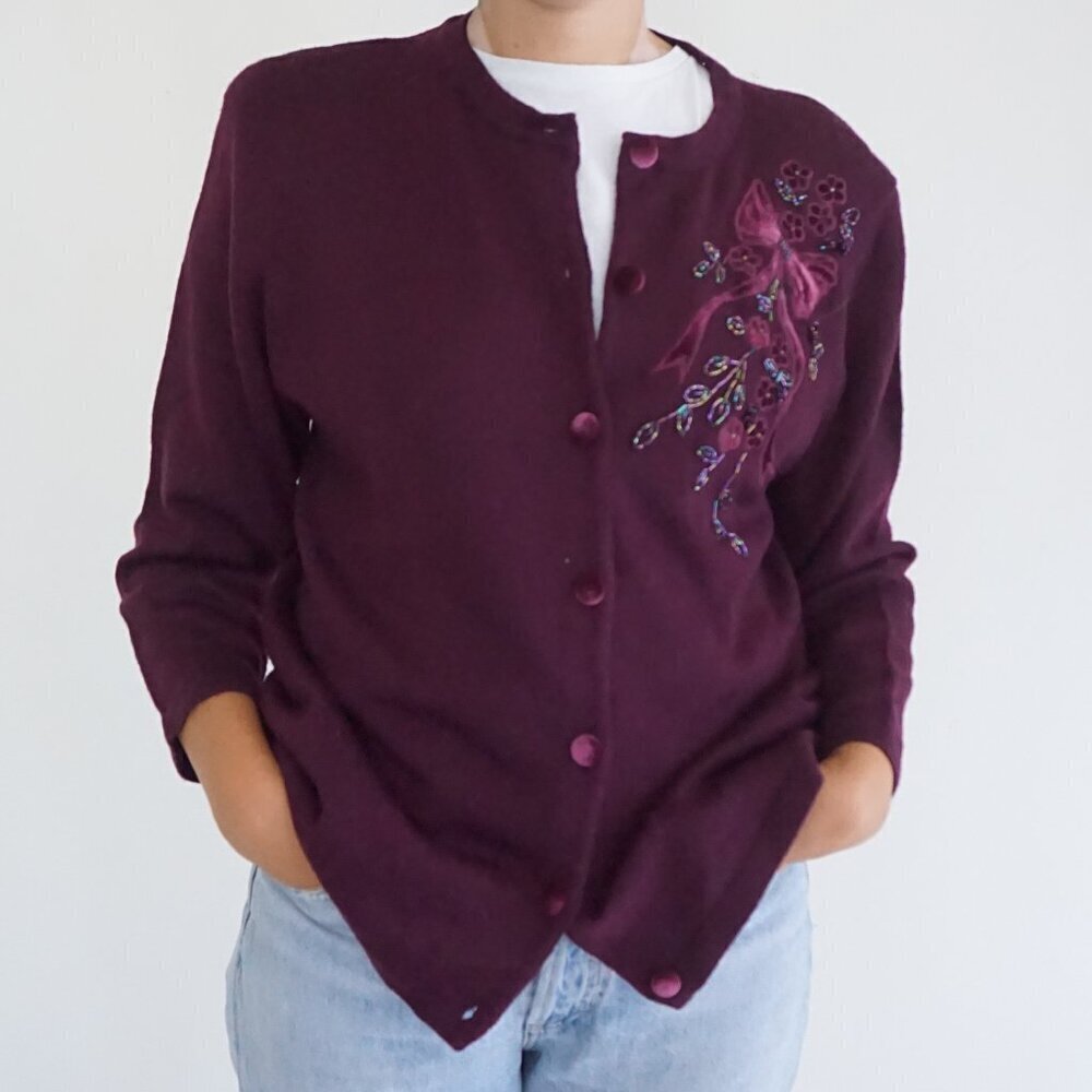 Vintage Alfred Dunner Plum Beaded Floral Bow Embroidered Wool Knit Cardigan M
